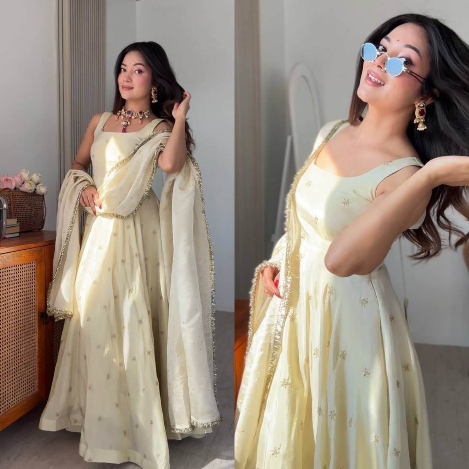 Cosmos gold Sleeveless embroidered Anarkali gown set